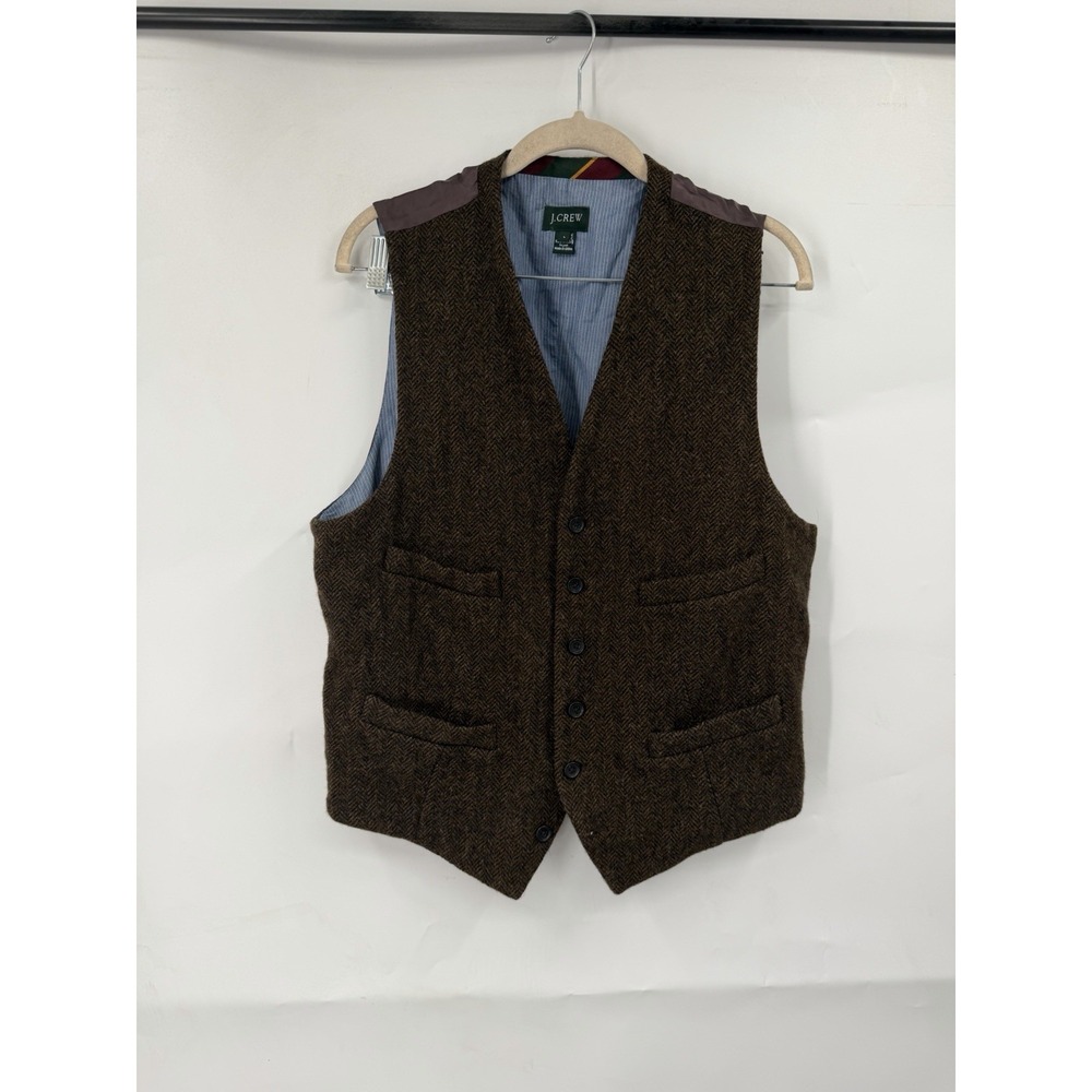 J.Crew Wool Herringbone Vest SZ L Brown Tweed Waistcoat Dark Academia Heritage